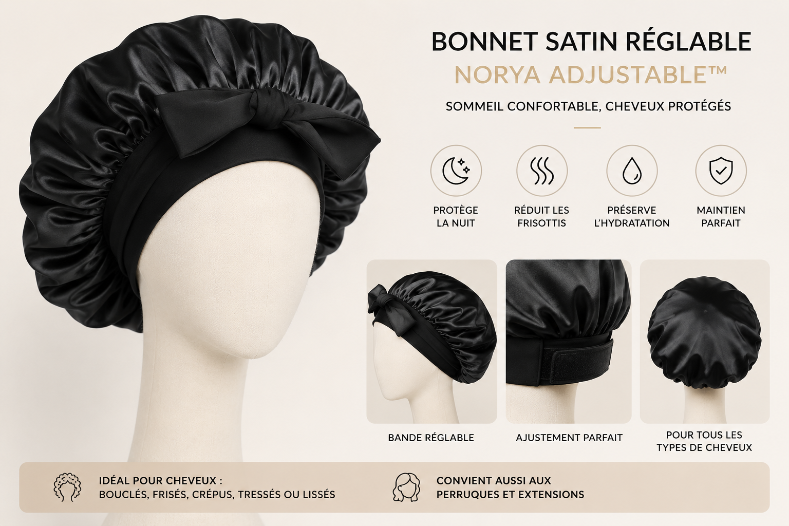 Verstellbare Premium Satin-Schlafhaube | Norya